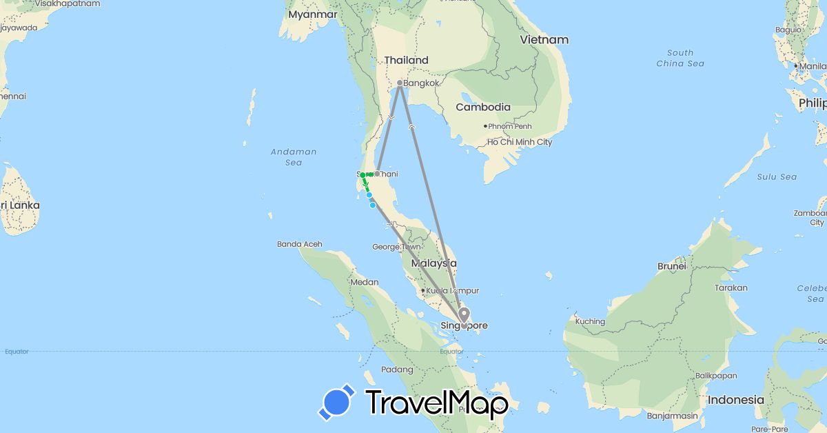 TravelMap itinerary: driving, bus, plane, boat in Singapore, Thailand (Asia)